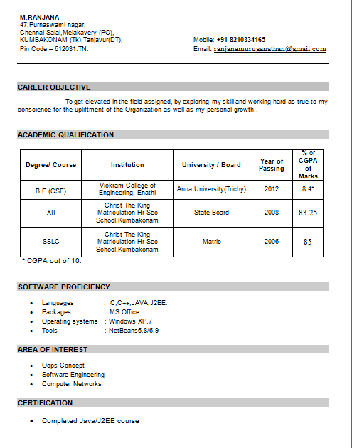 sample resume for bca freshers pdf